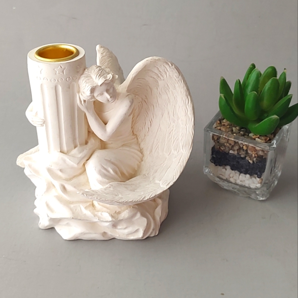 Candle Holder White Angel Wing  Beige Vintage Antique Style Barroque
